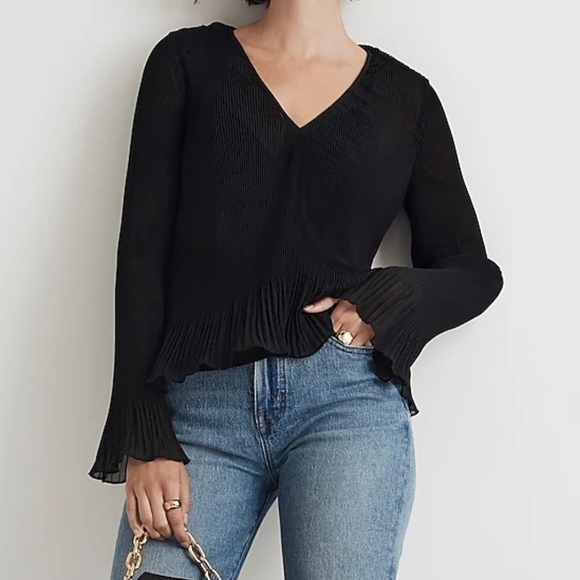 Madewell Pleated Flare-Sleeve Top in True Black size Small NWT NN935 - Picture 2 of 16